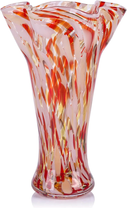 9.0" H Teal Glass Vases for Flowers, Unique Hand Blown Glass Vase Green Home Decor, Wide Mouth Colorful Flower Vase Centerpieces, for Living Room Table Bookshelf, Bathroom Office Shelf Decorative