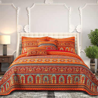 Farmhouse Cotton Quilts Queen Size for Fall - Lightweight Patchwork Autumn Bedspread Set for Bed Coverlet - Highly-Woven Soft Reversible Bed Spread for All Seasons (Floral Orange) 3 Pieces