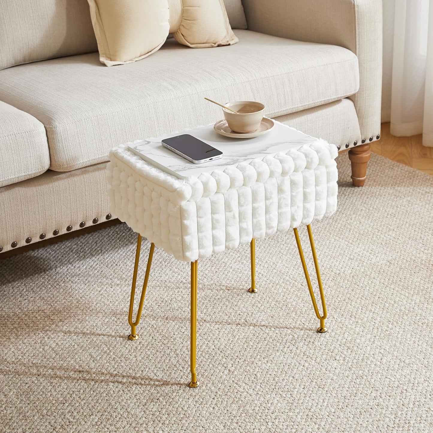Rectangle Vanity Chair with Storage Space, Footrest Footstool Ottoman, Vanity Stool, Dressing Table Chair, with Anti-Slip Feet, for Makeup Room, Bedroom, Square Grid Pattern, White WBD004W