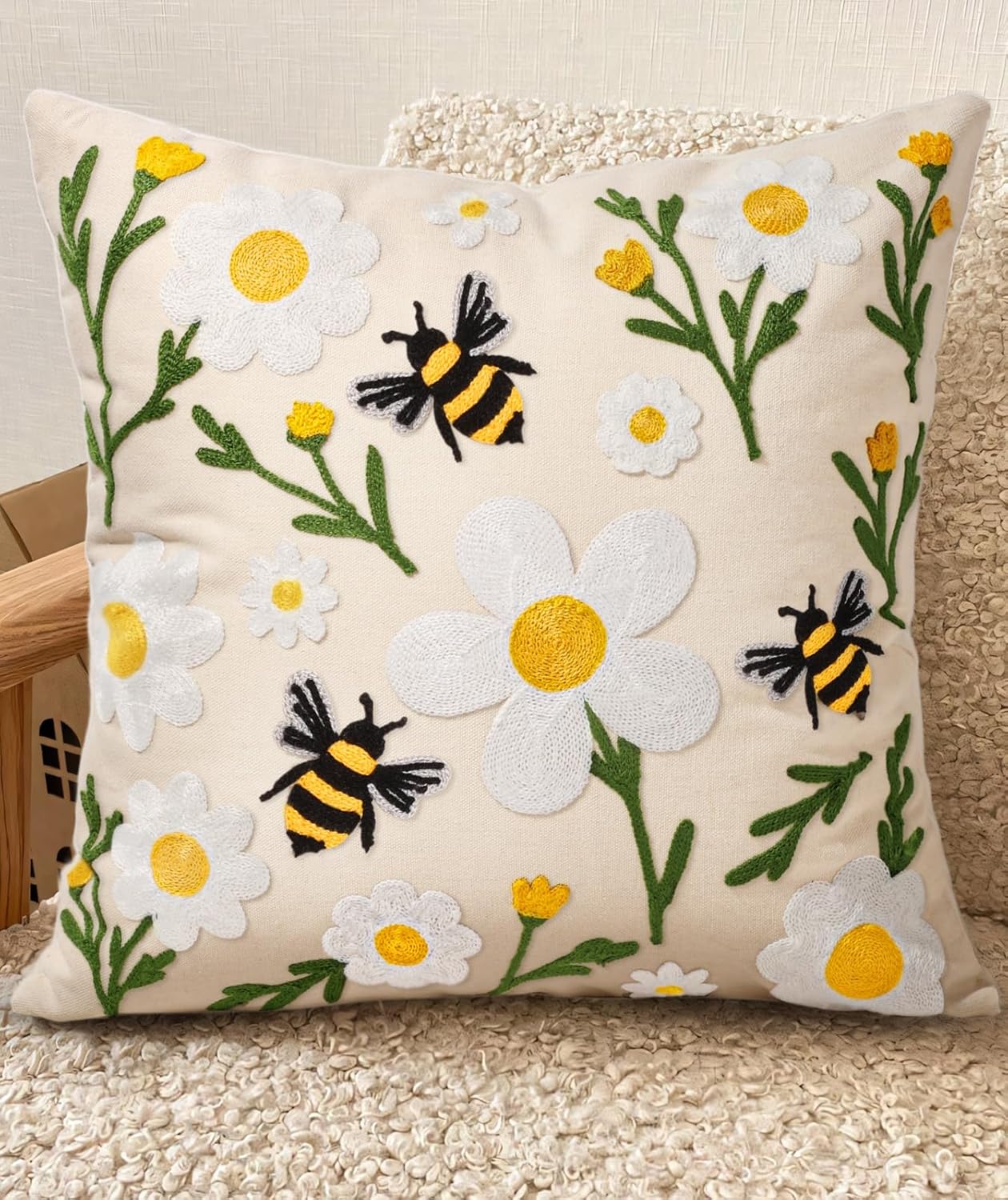 Embroidered Throw Pillow Cover 18x18 Inch - Spring Summer Boho Decorative Pillow Cover with Zipper for Living Room Couch Sofa Bed Aesthetic Design Flower Cluster Cushion Pillowcase