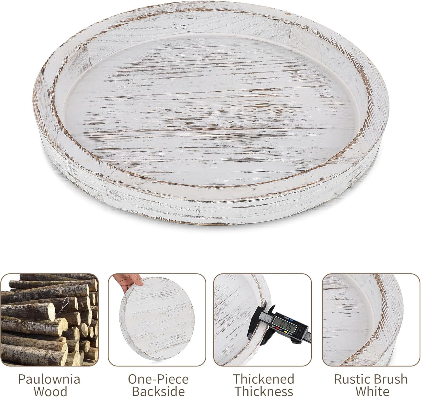 Candle Plate Holder Tray: Round White Wood Decorative Tray Decor - Rustic Farmhouse CoffeeTable Decor - Tealight Pillar Trays for Home Decor