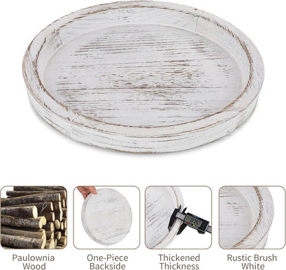 Candle Plate Holder Tray: Round White Wood Decorative Tray Decor - Rustic Farmhouse CoffeeTable Decor - Tealight Pillar Trays for Home Decor