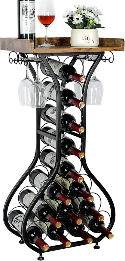 X-cosrack Wine Rack Freestanding Floor, Wine Storage Rack Mini Bar Table with Tabletop, Glass Holder Wine Bottle Display Stand Liquor Cabinet for Home Bar Kitchen Living Room