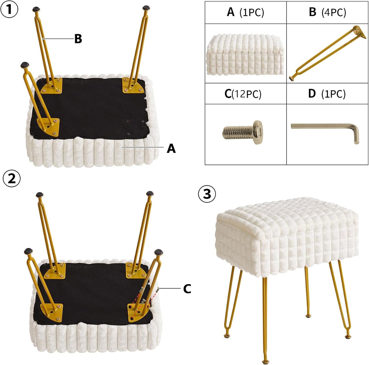Rectangle Vanity Chair with Storage Space, Footrest Footstool Ottoman, Vanity Stool, Dressing Table Chair, with Anti-Slip Feet, for Makeup Room, Bedroom, Square Grid Pattern, White WBD004W