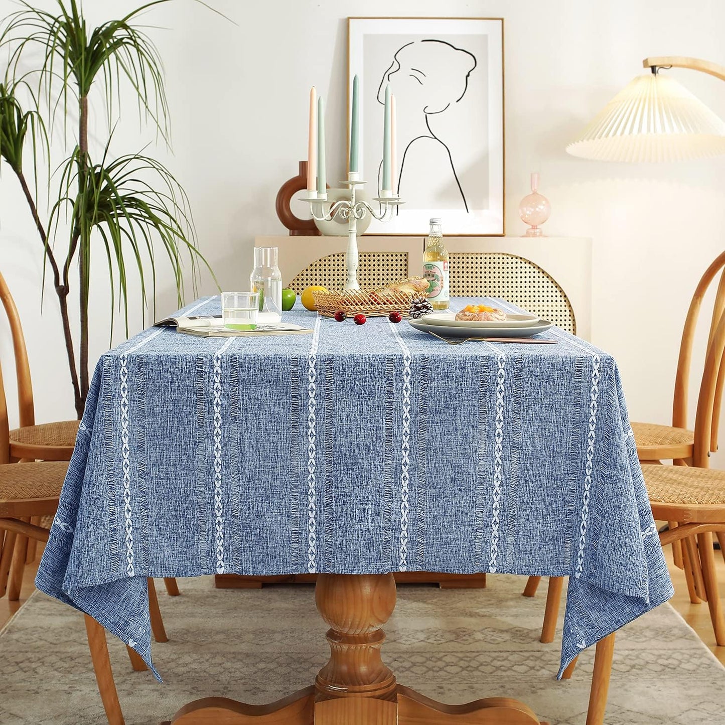 60 x 84 inches Farmhouse Style Linen tablecloths, Wrinkle Resistant Washable Dining Room Table Cloths for Rectangle Tables - Hemstitch Light Coffee