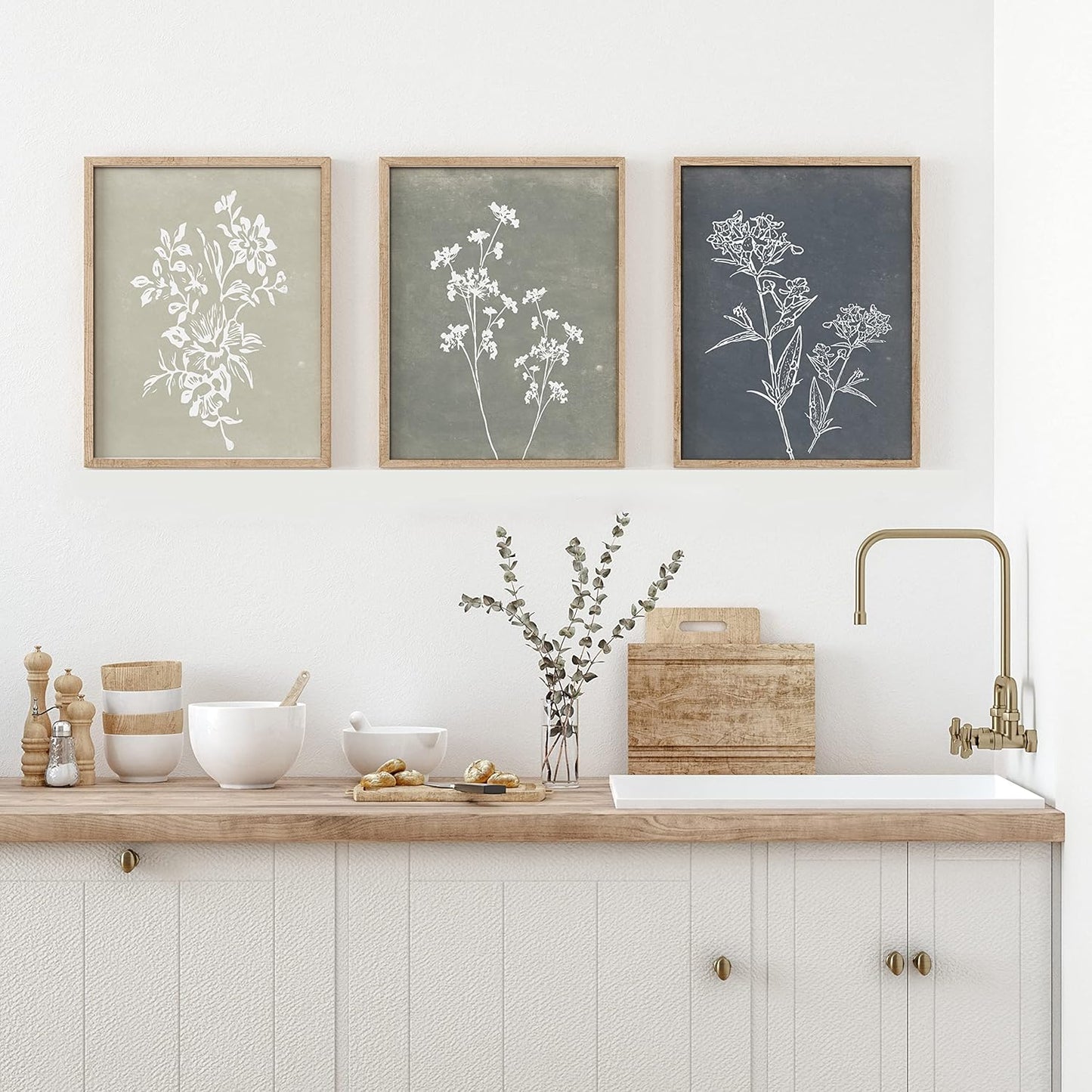 Framed Boho Wall Art Set of 4 for Wooded Minimalist Botanical Print Wall Art for Rustic Vintage Farmhouse Home Kitchen Wall Decor (Brown, 11x14)