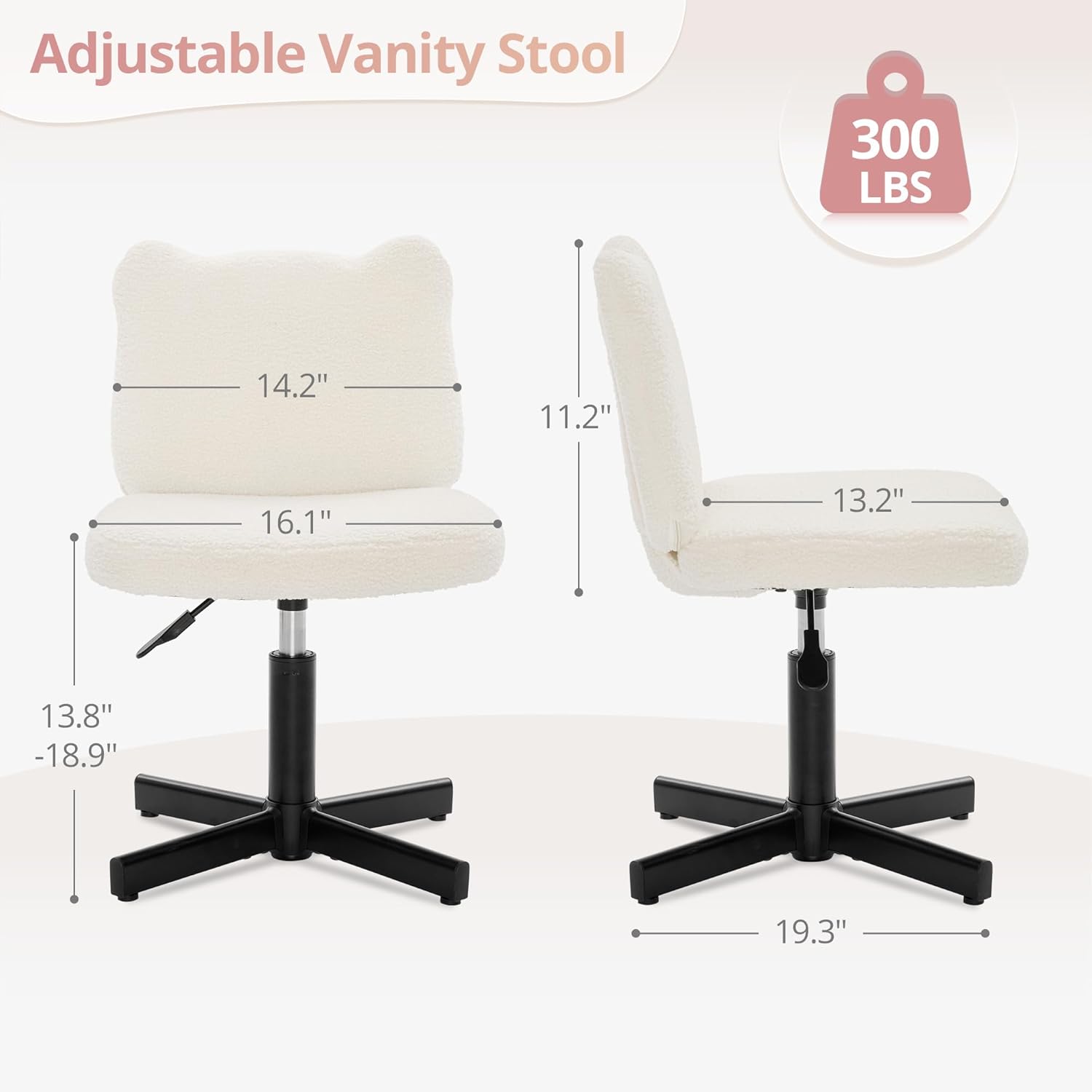 Adjustable Vanity Stool Chair with Girly Bear Ear Wide Back, 360° Swivel Vanity Stool for Makeup Room, Upholstered Teddy Velvet Ottoman for Teen Girls, 350lbs, Beige