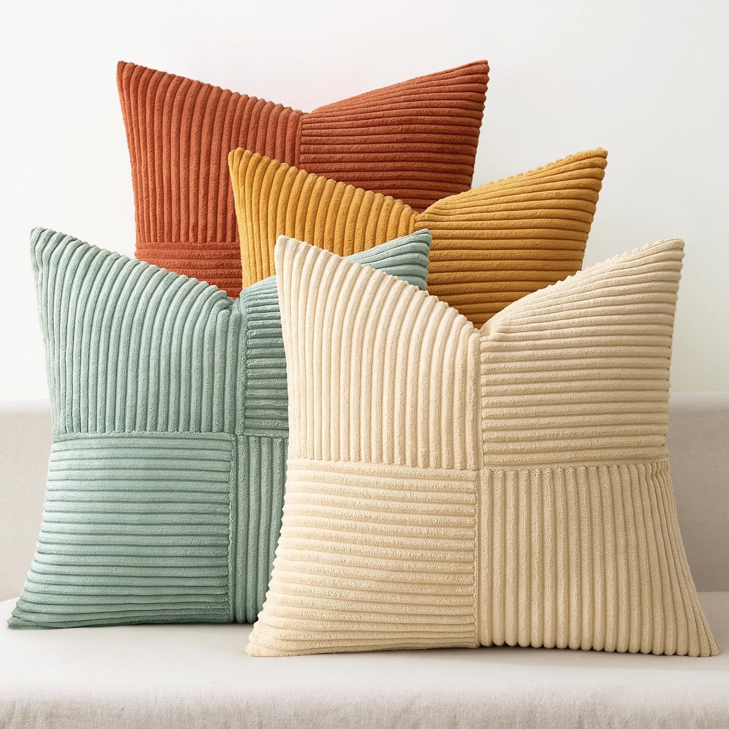 Teal Orange Decorative Throw Pillow Covers 18x18 Inch Set of 4 Boho Corduroy Striped Cushion Cases Modern Farmhouse Patchwork Pillow Cases for Couch Sofa Bedroom Home Decor