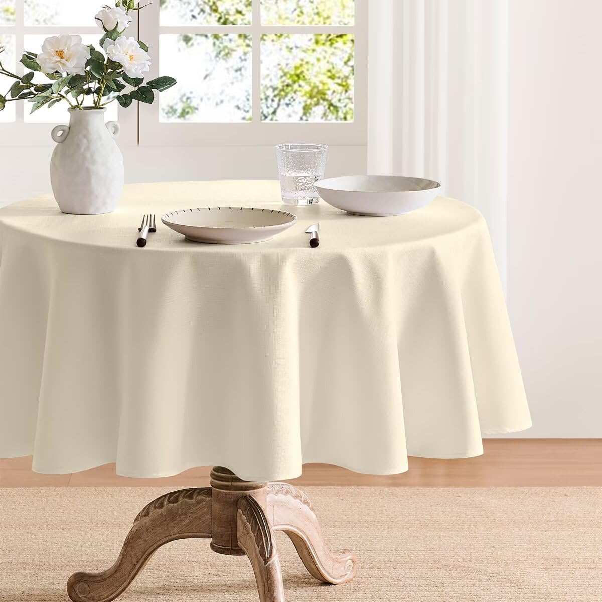 Faux Linen Tablecloths for Rectangle Tables, Burlap Textured Table Cloths Washable Farmhouse Table Cover Water Resistant for Dining, Wedding, Outdoor(Khaki, 52"×70")