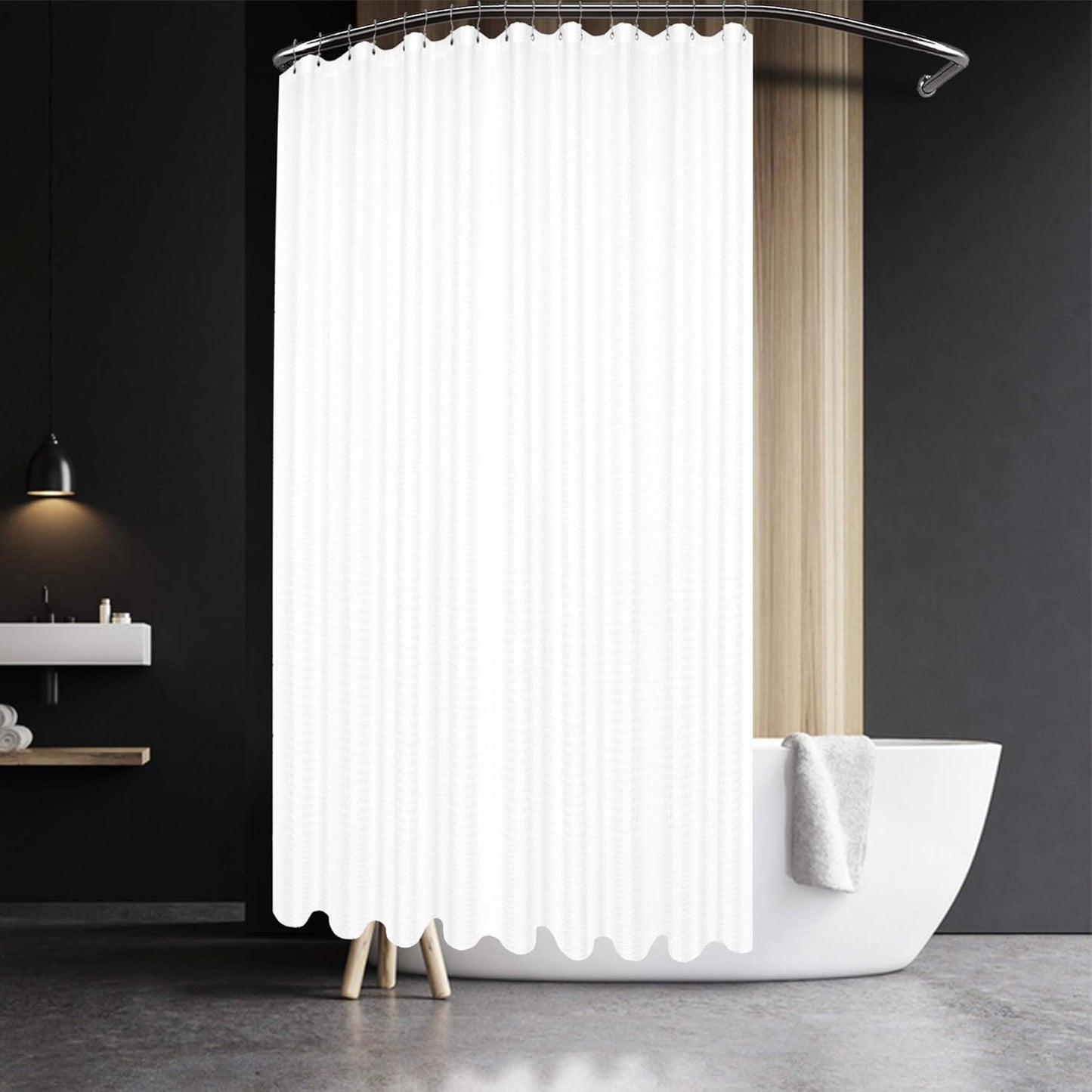 Design Waffle Weave White Shower Curtain Hotel Luxury Quality, Fabric Shower Curtains for Bathroom, Pique Pattern Cloth, Water Repellent and Machine Washable, Standard Size 71" x 72"