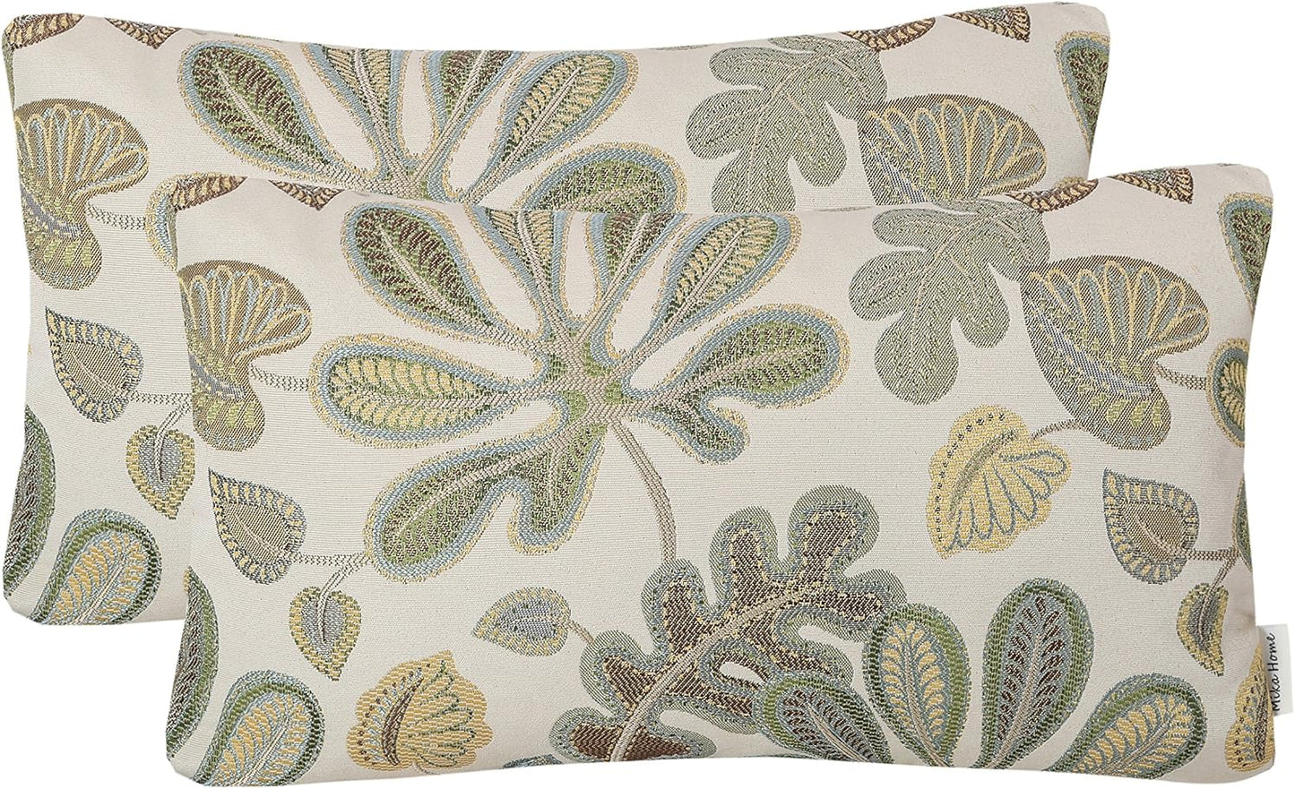 Mika Home Set of 2 Jacquard Tropical Leaf Pattern Oblong Throw Pillow Covers Accent Pillowcase 12X20 Inches,Blue Cream