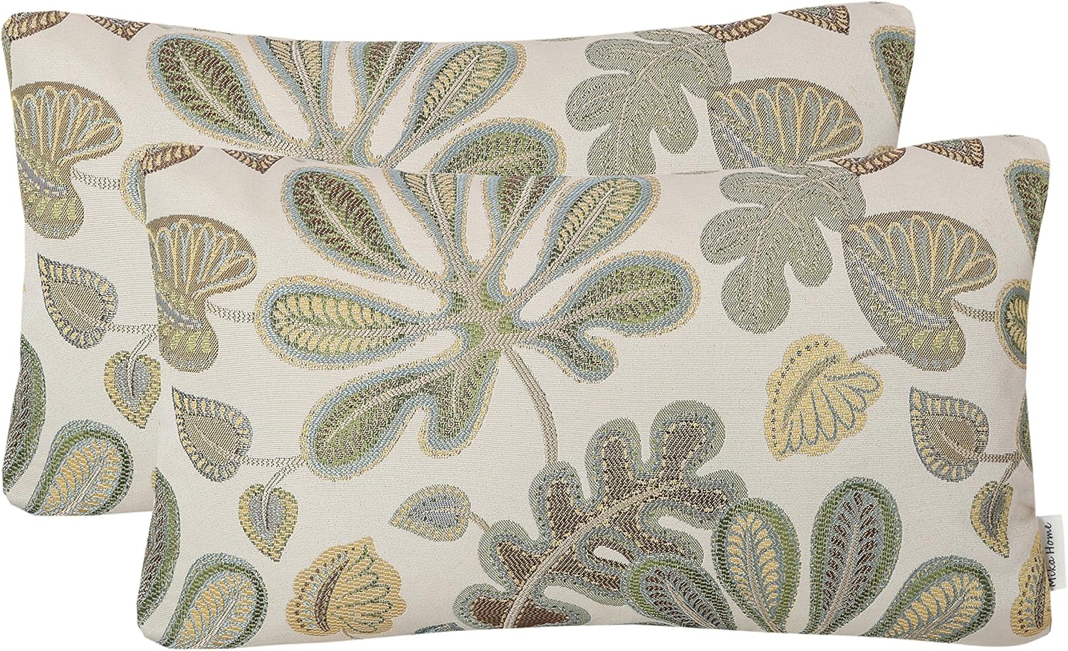 Mika Home Set of 2 Jacquard Tropical Leaf Pattern Oblong Throw Pillow Covers Accent Pillowcase 12X20 Inches,Blue Cream
