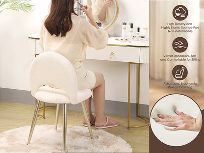 Vanity Chair with Adjustable Backrest, Boucle Upholstery Armless Makeup Stool, Cream White Sherpa Vanity Stool with Gold Metal Legs for Bedroom Living Room Kitchen Dinning Room (Gold and White)