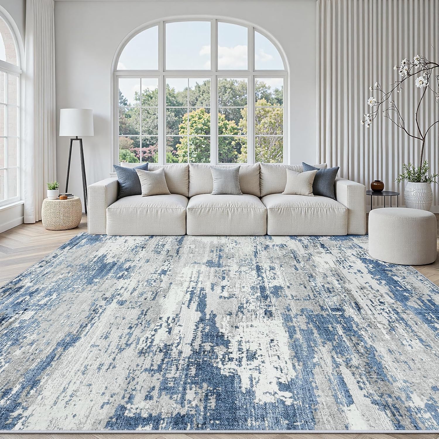 Area Rug Living Room Rugs: 5x7 Large Soft Indoor Carpet Modern Abstract Rug with Non Slip Rubber Backing for Under Dining Table Nursery Home Office Bedroom White Gray Blue