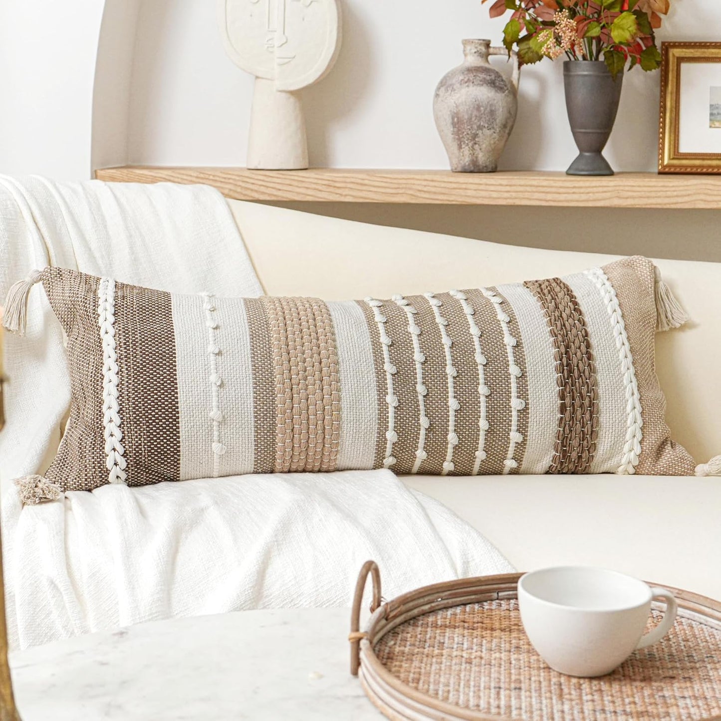 BlissBlush Coastal Blue Decorative Lumbar Pillow Cover 14x36 Boho Long Body Pillow for Bed Farmhouse Lumbar Throw Pillow for Couch Modern Accent Textured Throw Pillowcase