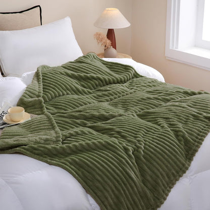 Sage Green Fleece Throw Blanket 50”×60” for Couch Sofa Bed,Super Soft Cozy Plush Microfiber Flannel Blanket with Stripes Design Lightweight for Adults,Woman,Girls