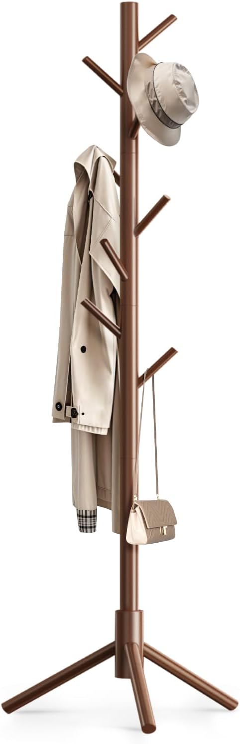 Coat Rack Freestanding with 8 Hooks,Easy Assembly New Zealand Pine Tree Coat Racks, 3 Adjustable Sizes for Clothes, Hats, Bags, for Entryway, Hallway, Bedroom, Office (White, 1 PC)
