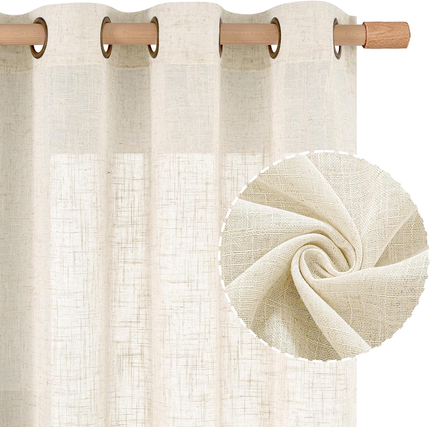 Natural Ivory Linen Semi Sheer Curtains 84 inch Length, Cream Light Filtering Soft Thick Neutral Living Room Drapes with Bronze Grommet for Bedroom/Farmhouse, 2 Panels, 52 x 84 Inch