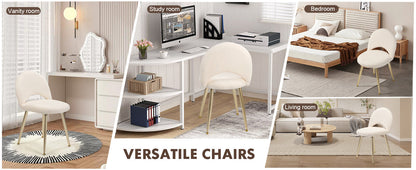 Vanity Chair with Adjustable Backrest, Boucle Upholstery Armless Makeup Stool, Cream White Sherpa Vanity Stool with Gold Metal Legs for Bedroom Living Room Kitchen Dinning Room (Gold and White)
