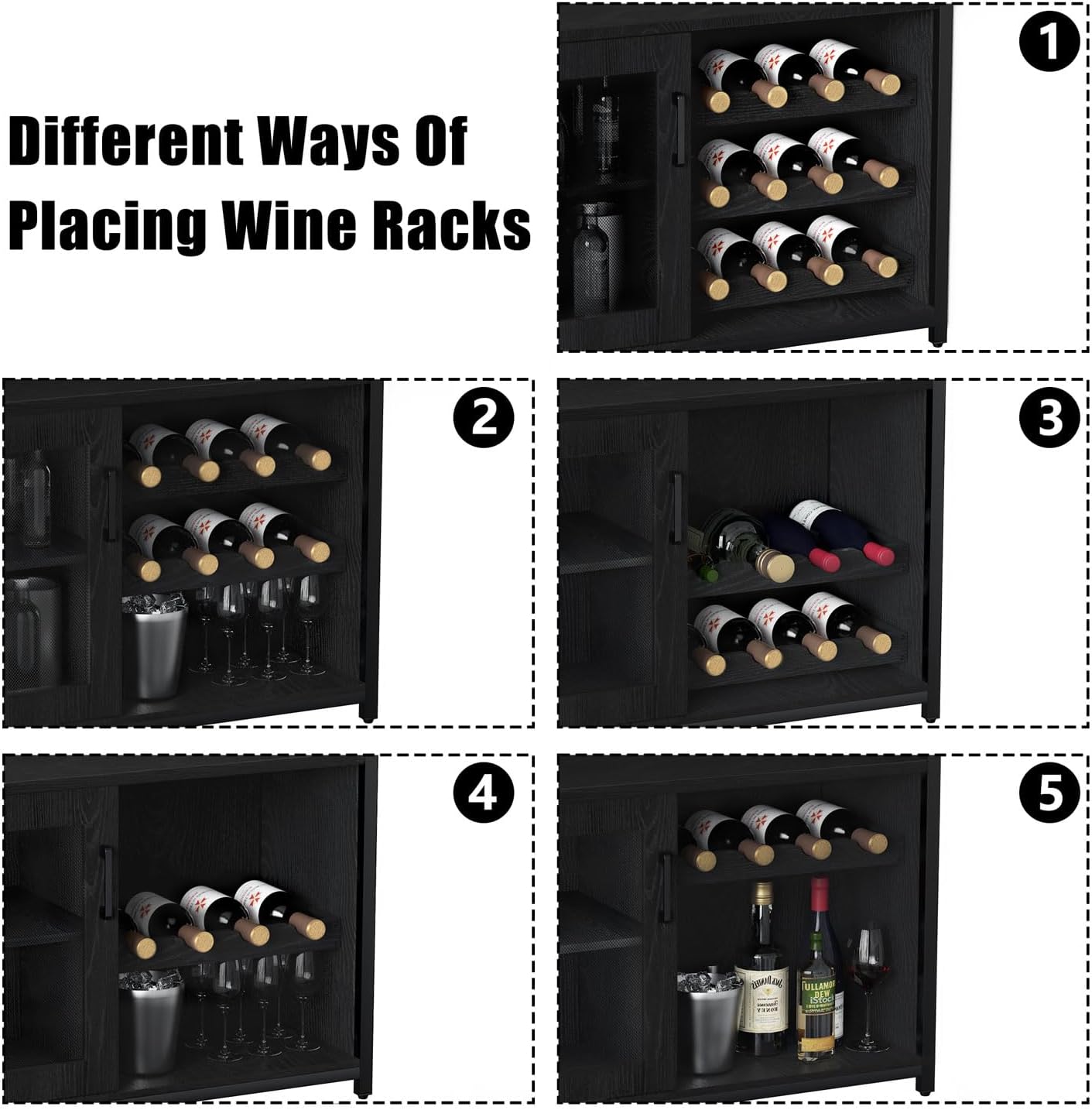 GAOMON Coffee Wine Bar Cabinet with Storage and Detachable Rack, Farmhouse Sideboard and Buffet Cabinet with Glass Holder and Mesh Door, Liquor Coffee Bar Cupboard, Black