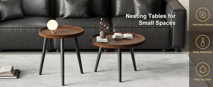 2 PCS Small Round Coffee Table Set, Mid Century Modern Coffee Tables for Living Room, Walnut Nesting Tables for Small Spaces, Easy Assembly Circle Wood Center Table,Black Nesting Coffee Table Set of 2