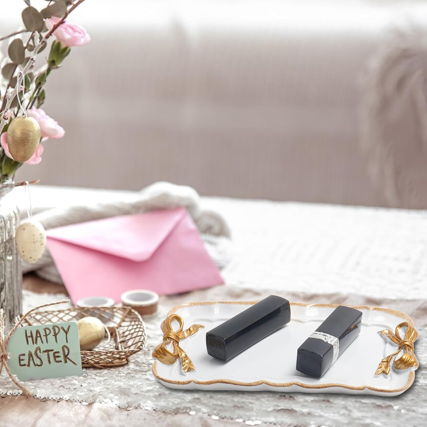 Jewelry Organizer, Decorative Tray for Jewelry, Towel, Storage, Rings, Bracelets, Earrings, Cosmetics, Retro Design, Bow Decor Resin Plate Coquette for Room Decor, White