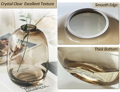 Brown Glass Vase Round Clear Colored Flower Vase for Centerpiece Long Stem Branch Fresh Artificial Plant Bottle Modern Home Indoor Decoration (Brown)