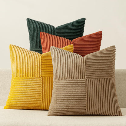 Teal Orange Decorative Throw Pillow Covers 18x18 Inch Set of 4 Boho Corduroy Striped Cushion Cases Modern Farmhouse Patchwork Pillow Cases for Couch Sofa Bedroom Home Decor