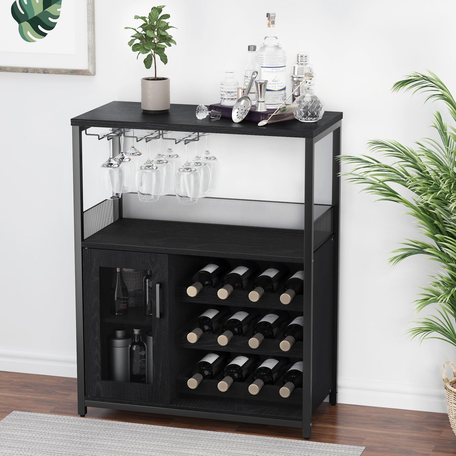GAOMON Coffee Wine Bar Cabinet with Storage and Detachable Rack, Farmhouse Sideboard and Buffet Cabinet with Glass Holder and Mesh Door, Liquor Coffee Bar Cupboard, Black