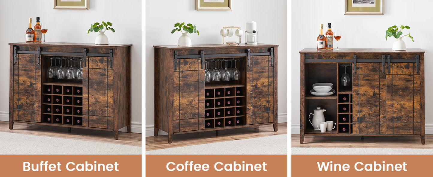 GAOMON Farmhouse Coffee Bar Cabinet 47", Buffet Cabinet with Sliding Barn Door, Coffee Bar with 4 Glass Hooks and 16 Wine Racks for Kitchen, Dining and Living Room, White