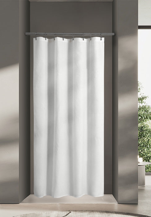 Design Waffle Weave White Shower Curtain Hotel Luxury Quality, Fabric Shower Curtains for Bathroom, Pique Pattern Cloth, Water Repellent and Machine Washable, Standard Size 71" x 72"