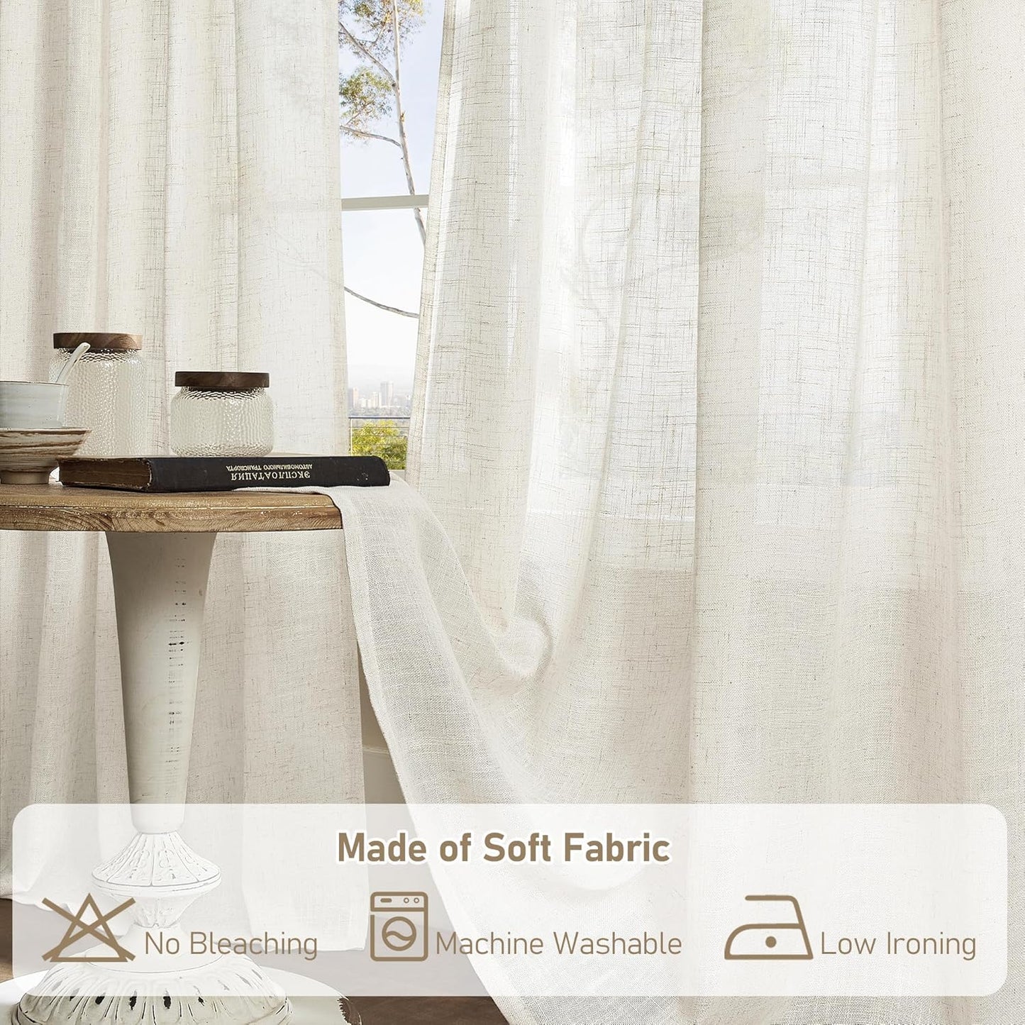 Natural Ivory Linen Semi Sheer Curtains 84 inch Length, Cream Light Filtering Soft Thick Neutral Living Room Drapes with Bronze Grommet for Bedroom/Farmhouse, 2 Panels, 52 x 84 Inch