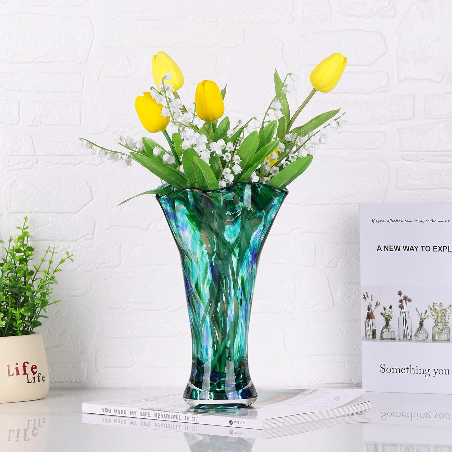 9.0" H Teal Glass Vases for Flowers, Unique Hand Blown Glass Vase Green Home Decor, Wide Mouth Colorful Flower Vase Centerpieces, for Living Room Table Bookshelf, Bathroom Office Shelf Decorative