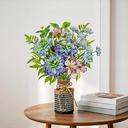 Fake Flowers in Vase Blue Faux Flowers Bush Bouquet Plant Flower Arrangements with Woven Glass Vase Artificial Flower Floral Bulk Bouquet Home Decor Bathroom Table Centerpiece Decorations
