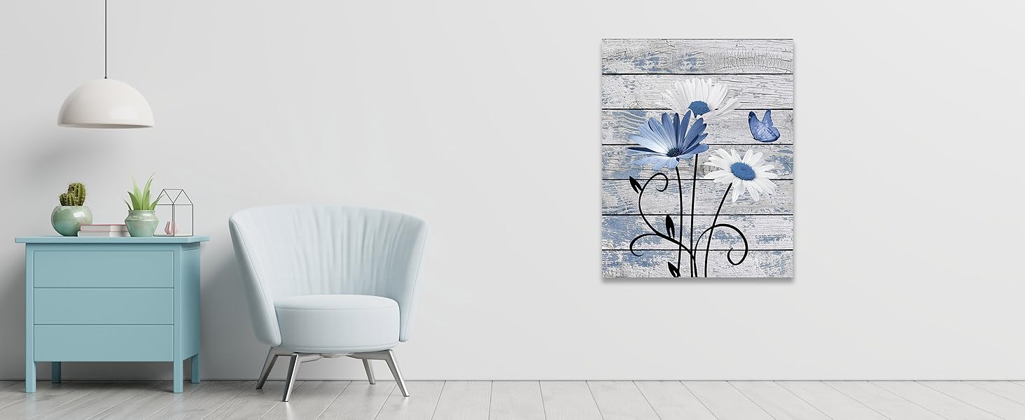 Farmhouse Floral Wall Art for Living Room, Blue and White Daisy Flower and Butterfly on Rustic Wood Board Canvas Wall Art Framed Artwork Ready to Hang for Bathroom Bedroom Decor, 16L X 12W