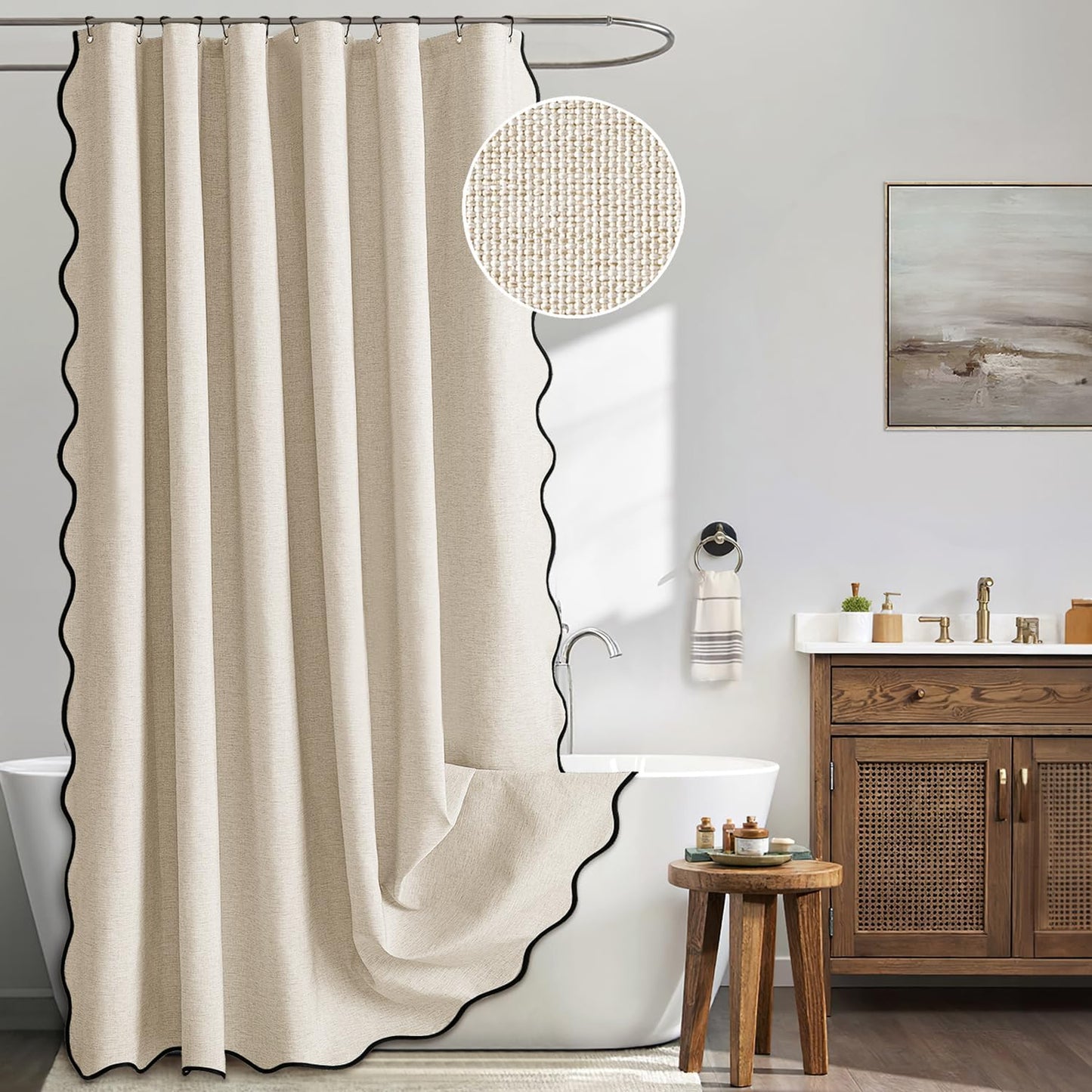 Beige Scalloped Shower Curtain Linen Textured with 12 Metal Hooks Cute Heavy Duty Washable Waterproof Neutral Thick Cloth Shower Curtains with Black Border for Bathroom Bathtub,W72*L72 Cream
