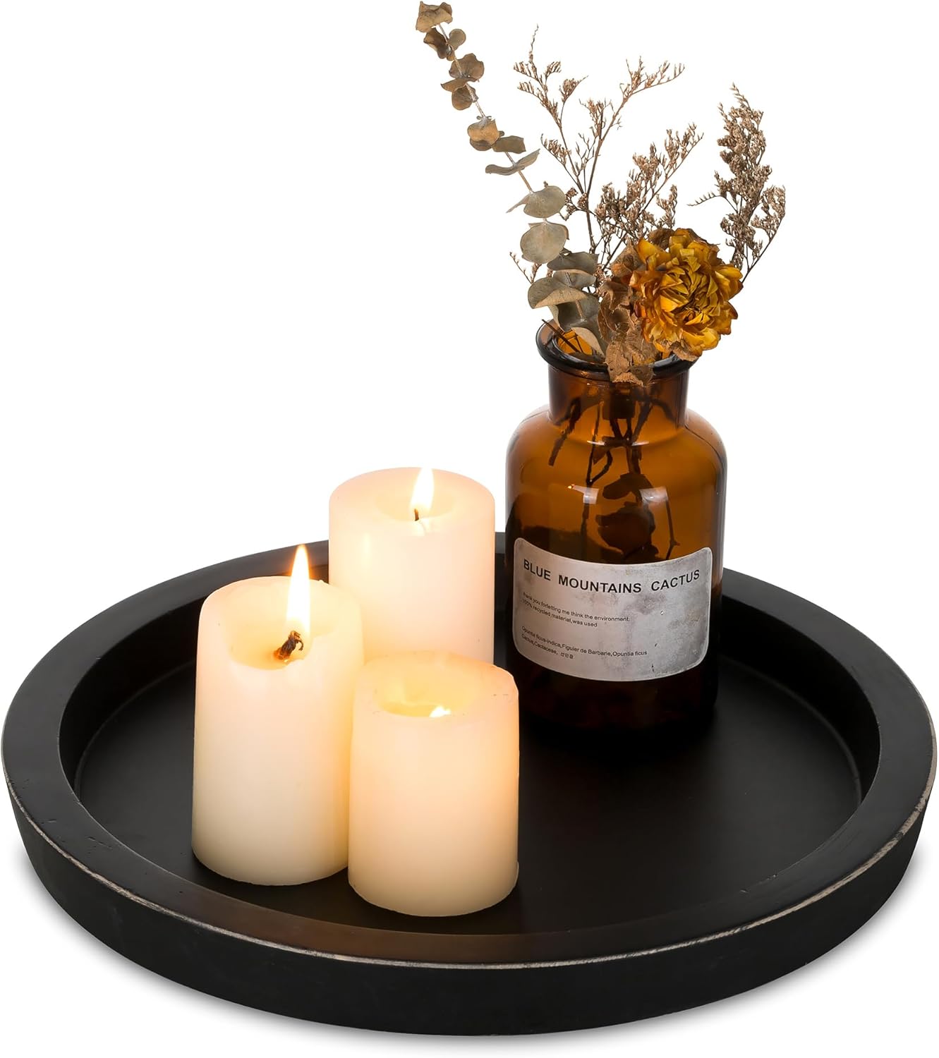 Candle Plate Holder Tray: Round Wood Decorative Candle Plate - Rustic Farmhouse CoffeeTable Decor - Tealight Pillar Trays for Home Decor (Distressed)