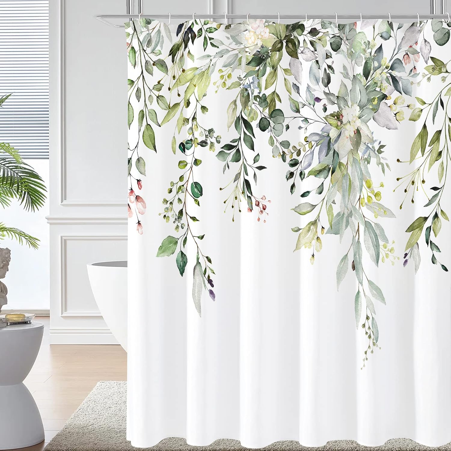 Grey Eucalyptus Shower Curtain, Watercolor Plant Leaves with Floral Bathroom Shower Curtain Set, Gray White, 72x72