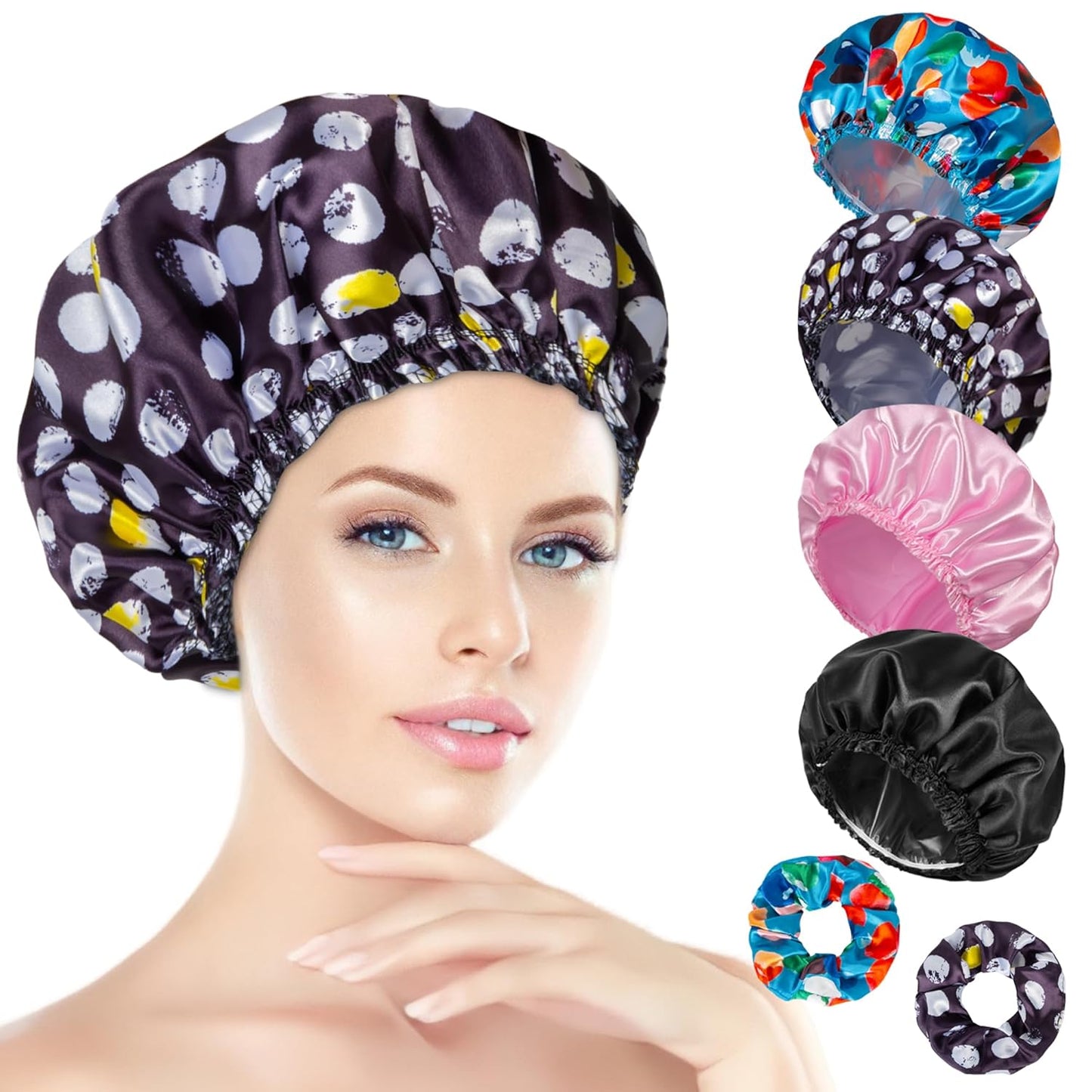 Shower Cap for Women Set of 4, Bath Caps, Double Layers Hair Caps + 2 Satin Hair Scrunchies, Reusable Waterproof Shower Caps, Elastic Hair Cap for Shower - Pattern A
