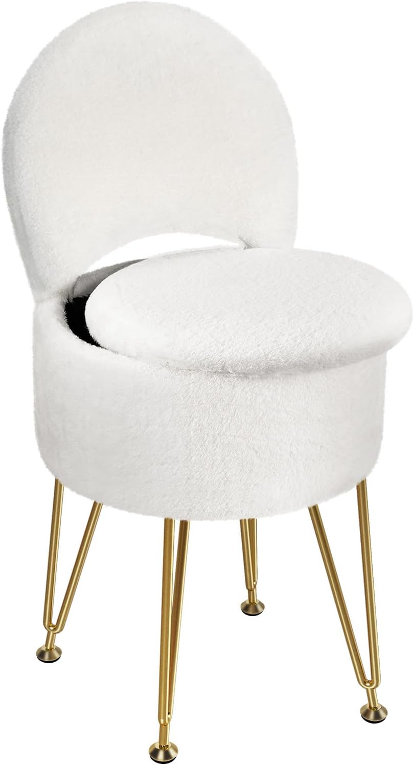 Small Vanity Stool Chair with Storage and Folding Back, 13" x 13" x 17.7" Faux Fur Soft Ottoman for Teenager, 4 Metal Legs with Anti-Slip Feet, Furry Padded Seat for Makeup, Bedroom, White
