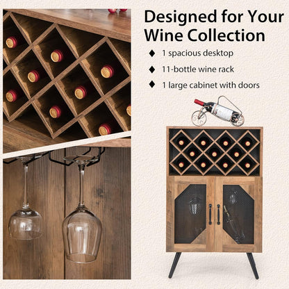 Giantex Farmhouse Wine Bar Cabinet, 11 Bottles Rack, Buffet Cabinet with Storage, Industrial Kitchen Sideboard, Anti-Tipping Design, 2 Doors, Glass Holder, for Living Room (Brown & Black)