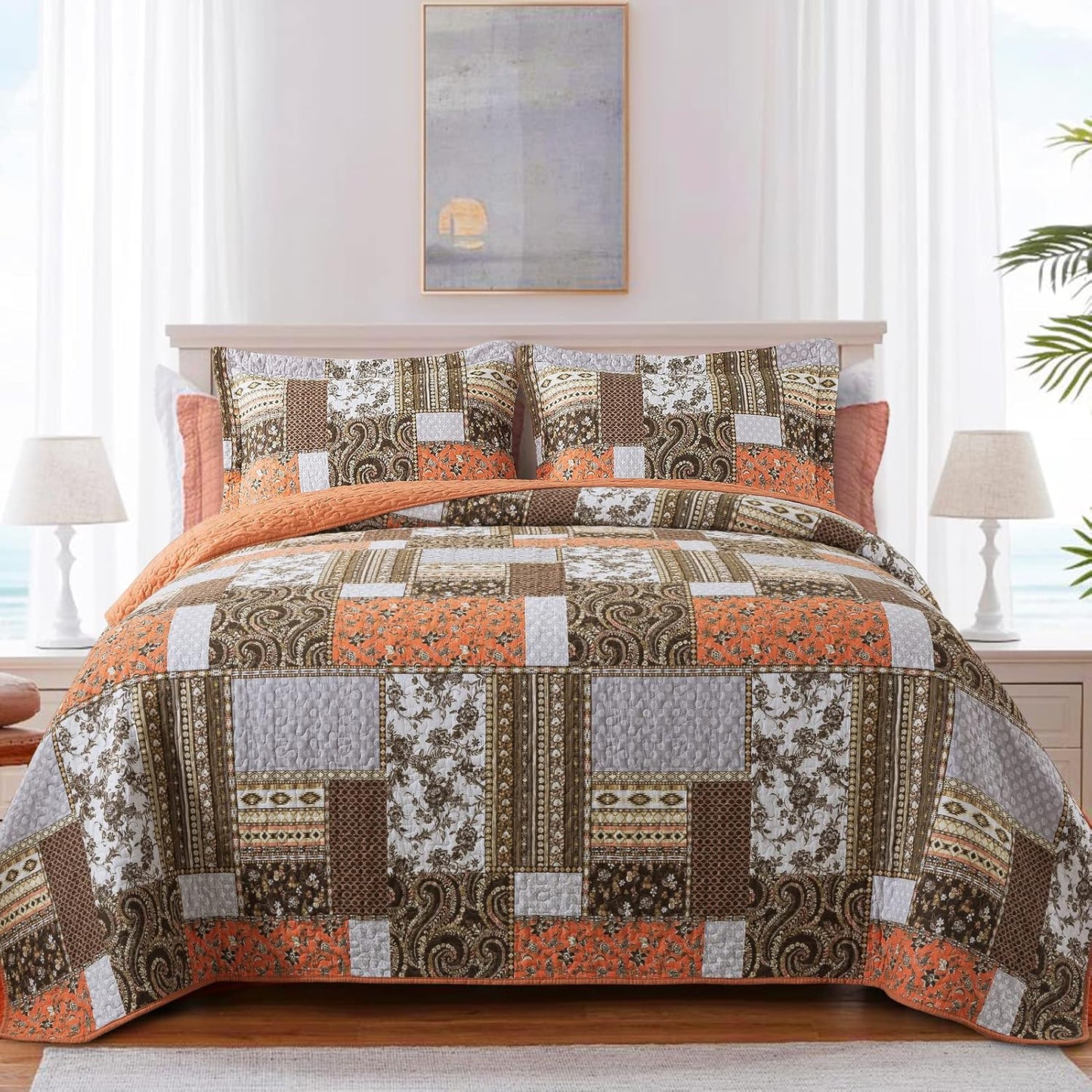 Farmhouse Cotton Quilts Queen Size for Fall - Lightweight Patchwork Autumn Bedspread Set for Bed Coverlet - Highly-Woven Soft Reversible Bed Spread for All Seasons (Floral Orange) 3 Pieces