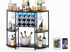 JKsmart Wine Bar Cabinet with LED Lights, Mini Wine Bar Cart with Storage and Glass Holder, Home Bar Coffee Bar for Liquor, 3-Tier Bar Table for Kitchen, Dining Room, Living Room, Black
