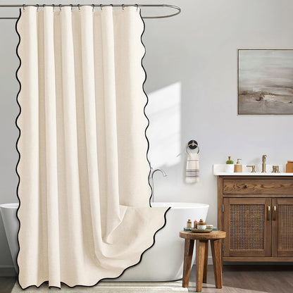 Beige Scalloped Shower Curtain Linen Textured with 12 Metal Hooks Cute Heavy Duty Washable Waterproof Neutral Thick Cloth Shower Curtains with Black Border for Bathroom Bathtub,W72*L72 Cream