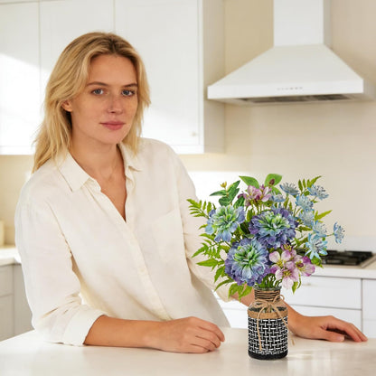 Fake Flowers in Vase Blue Faux Flowers Bush Bouquet Plant Flower Arrangements with Woven Glass Vase Artificial Flower Floral Bulk Bouquet Home Decor Bathroom Table Centerpiece Decorations