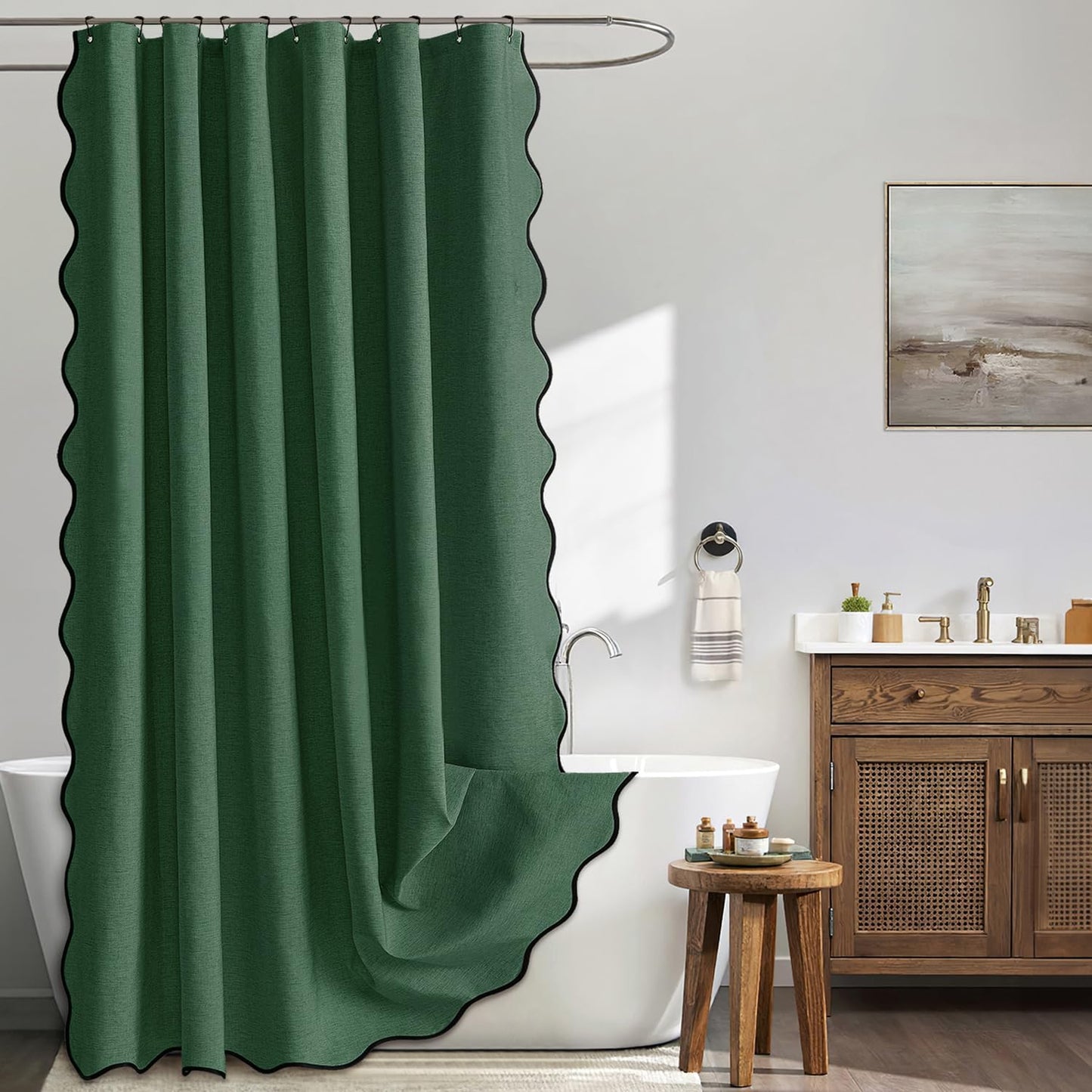 Beige Scalloped Shower Curtain Linen Textured with 12 Metal Hooks Cute Heavy Duty Washable Waterproof Neutral Thick Cloth Shower Curtains with Black Border for Bathroom Bathtub,W72*L72 Cream