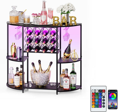 JKsmart Wine Bar Cabinet with LED Lights, Mini Wine Bar Cart with Storage and Glass Holder, Home Bar Coffee Bar for Liquor, 3-Tier Bar Table for Kitchen, Dining Room, Living Room, Black