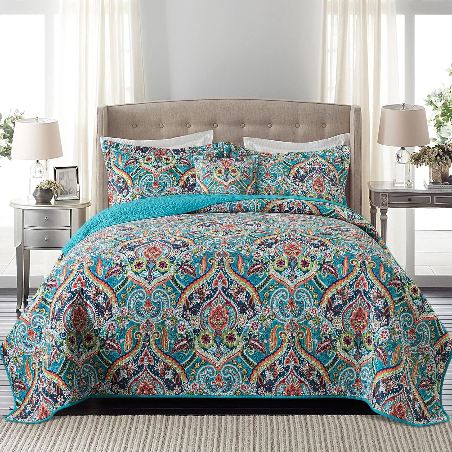 Farmhouse Cotton Quilts Queen Size for Fall - Lightweight Patchwork Autumn Bedspread Set for Bed Coverlet - Highly-Woven Soft Reversible Bed Spread for All Seasons (Floral Orange) 3 Pieces