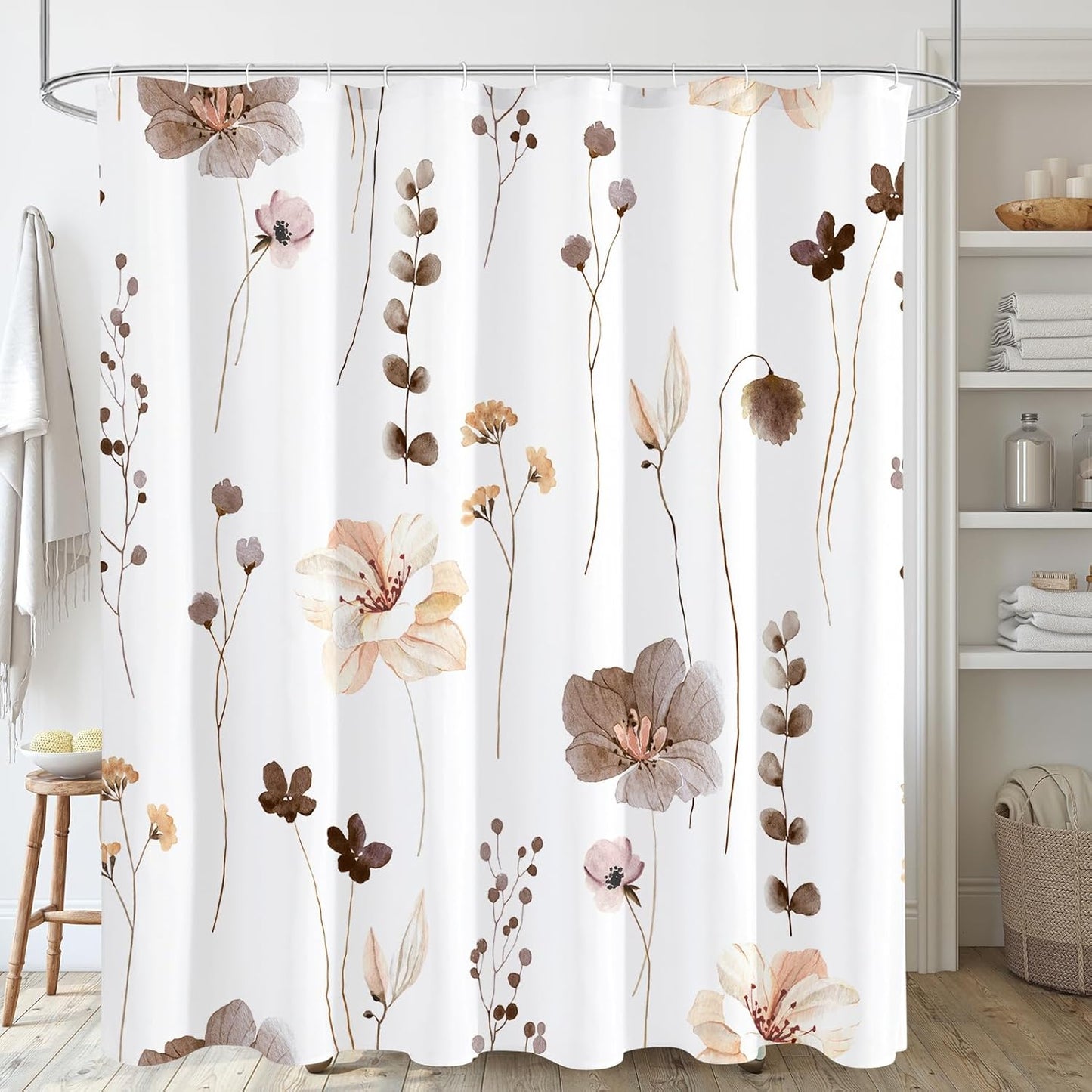 Watercolor Floral Shower Curtain, Sage Green Beige Flower Shower Curtain for Bathroom, Modern Minimalist White Waterproof Fabric Shower Curtain Set 72x72 Inch