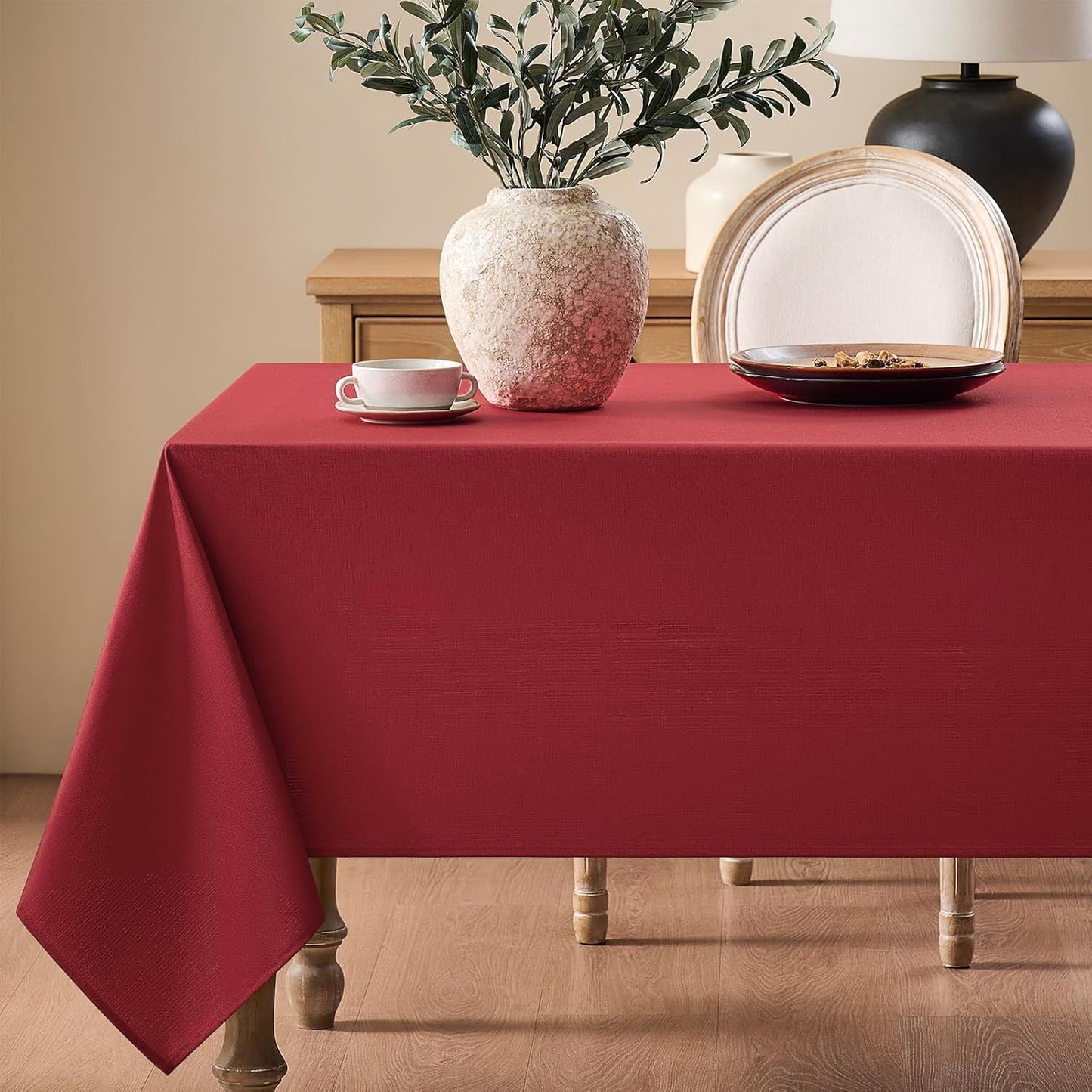 Faux Linen Tablecloths for Rectangle Tables, Burlap Textured Table Cloths Washable Farmhouse Table Cover Water Resistant for Dining, Wedding, Outdoor(Khaki, 52"×70")